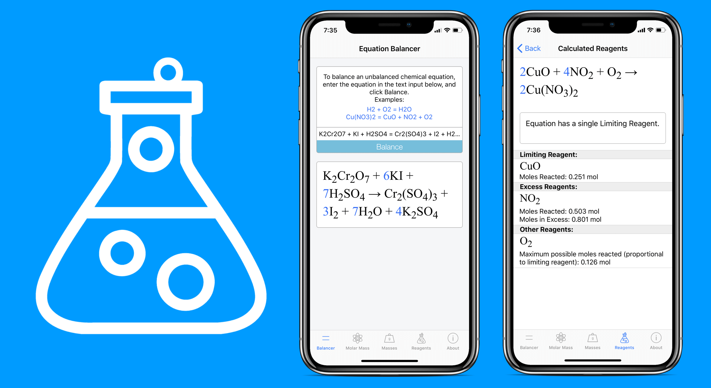 ChemWizard promotional image with logo and two iPhone screenshots