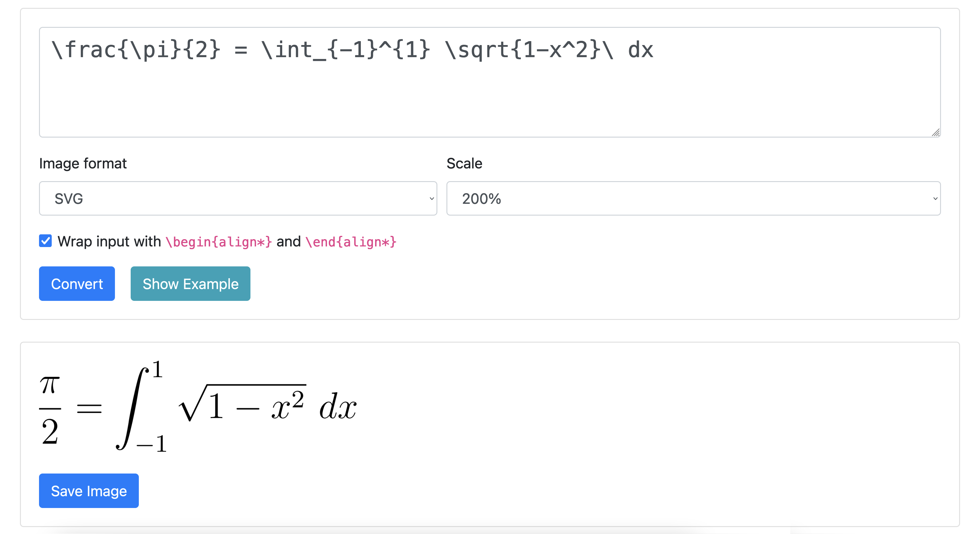Screenshot of LaTeX to Image converter homepage with a sample equation